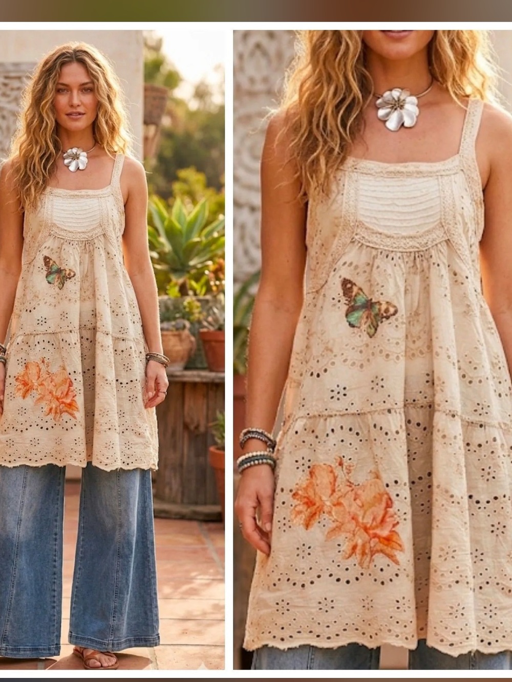 Cream Eyelet Boho Tunic with Butterfly & Floral Print